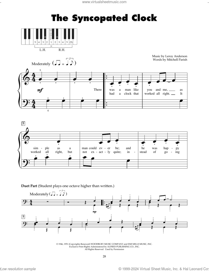 The Syncopated Clock sheet music for piano solo (5-fingers) by Leroy Anderson and Mitchell Parish, beginner piano (5-fingers)