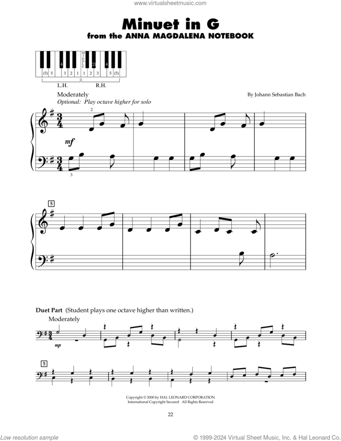 Minuet In G (arr. Carol Klose) sheet music for piano solo (5-fingers) by Johann Sebastian Bach and Carol Klose, classical score, beginner piano (5-fingers)