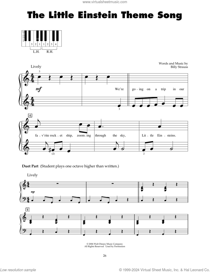 The Little Einstein Theme Song sheet music for piano solo (5-fingers) by Billy Strauss, beginner piano (5-fingers)