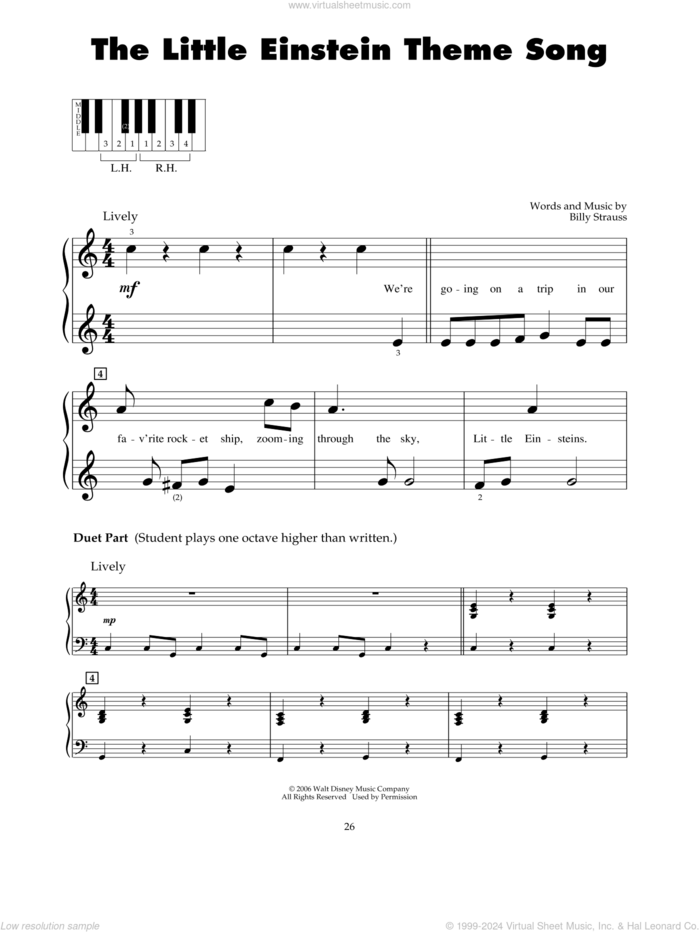 The Little Einstein Theme Song sheet music for piano solo (5-fingers) by Billy Strauss, beginner piano (5-fingers)