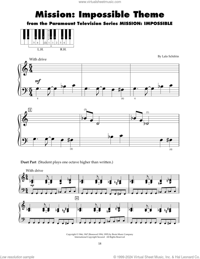 Mission: Impossible Theme sheet music for piano solo (5-fingers) by Lalo Schifrin, beginner piano (5-fingers)