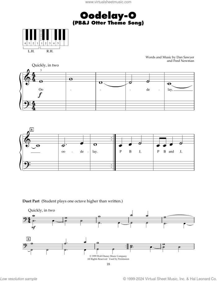 Oodelay-O (PB&J Otter Theme Song) sheet music for piano solo (5-fingers) by Dan Sawyer and Fred Newman, beginner piano (5-fingers)