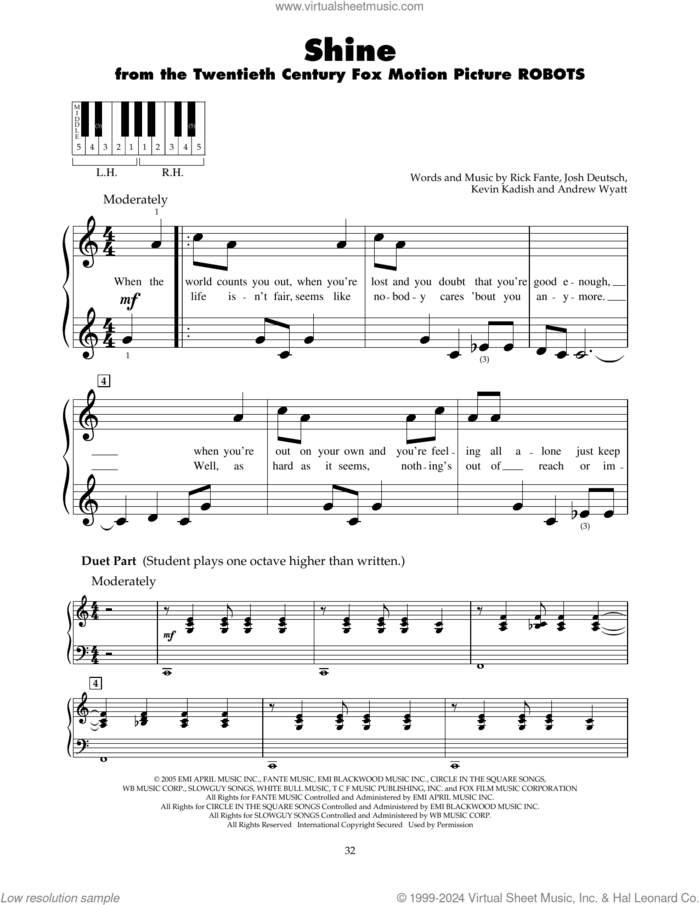 Shine (from Robots) sheet music for piano solo (5-fingers) by Ricky Fante, Andrew Wyatt, Josh Deutsch, Kevin Kadish and Rick Fante, beginner piano (5-fingers)
