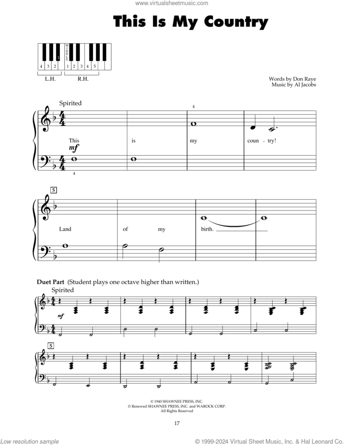 This Is My Country sheet music for piano solo (5-fingers) by Tennessee Ernie Ford, Al Jacobs and Don Raye, beginner piano (5-fingers)