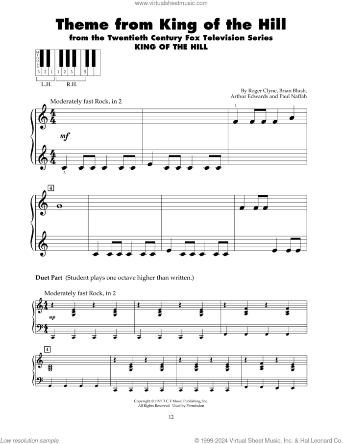 Theme From King Of The Hill sheet music for piano solo (5-fingers) by Roger Clyne, Arthur Edwards, Brian Blush and Paul Naffah, beginner piano (5-fingers)