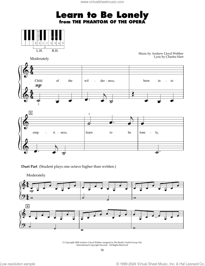 Learn To Be Lonely (from The Phantom Of The Opera) sheet music for piano solo (5-fingers) by Andrew Lloyd Webber and Charles Hart, beginner piano (5-fingers)