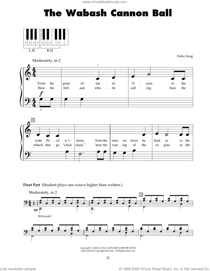 The Wabash Cannon Ball sheet music for piano solo (5-fingers) by Hobo Song, beginner piano (5-fingers)