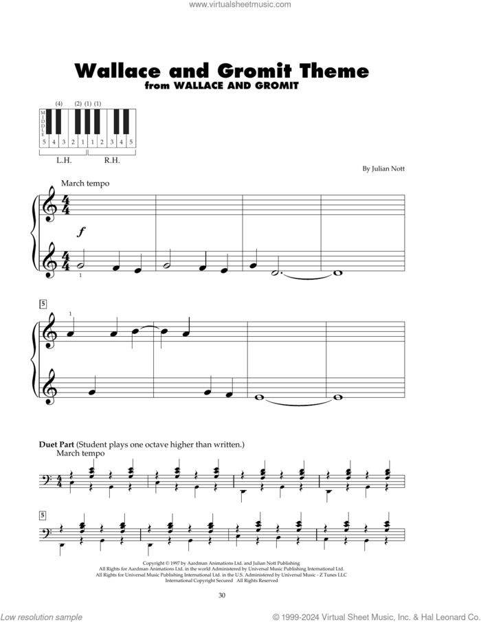 Wallace And Gromit Theme sheet music for piano solo (5-fingers) by Julian Nott, beginner piano (5-fingers)