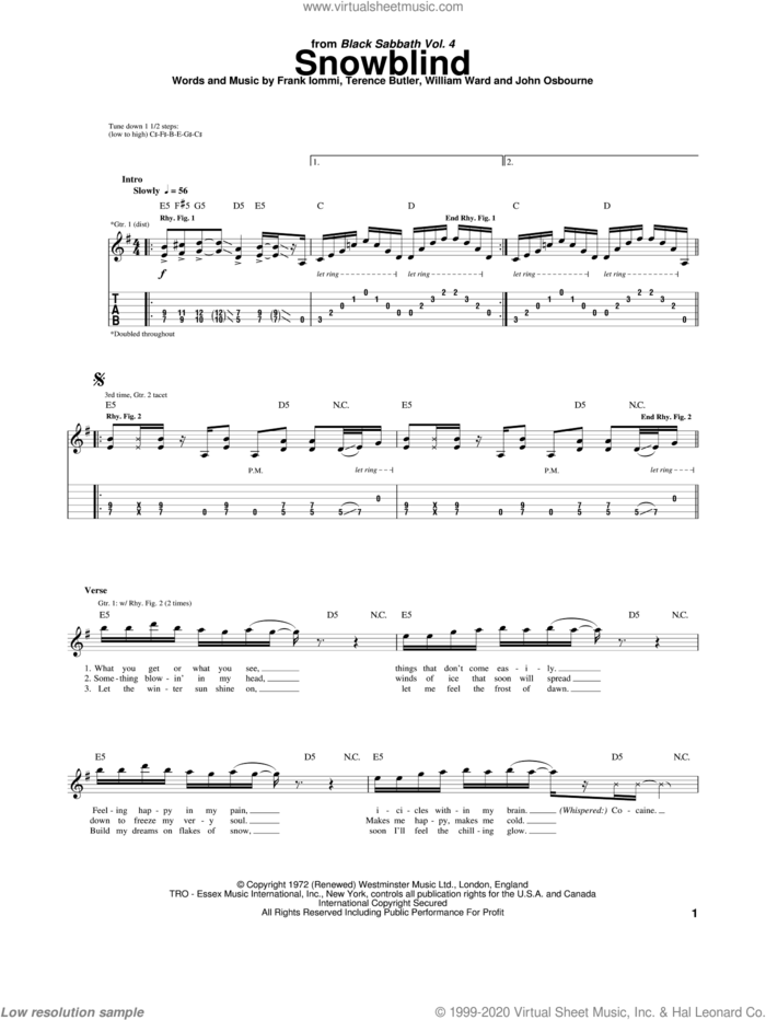 Snowblind sheet music for guitar (tablature) by Black Sabbath, Ozzy Osbourne, Frank Iommi, John Osbourne, Terence Butler and William Ward, intermediate skill level