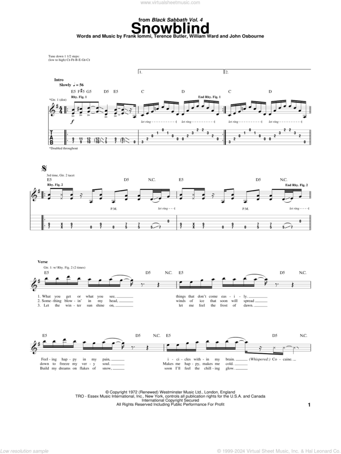 Snowblind sheet music for guitar (tablature) by Black Sabbath, Ozzy Osbourne, Frank Iommi, John Osbourne, Terence Butler and William Ward, intermediate skill level