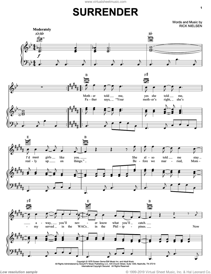 Surrender sheet music for voice, piano or guitar by Cheap Trick and Rick Nielsen, intermediate skill level