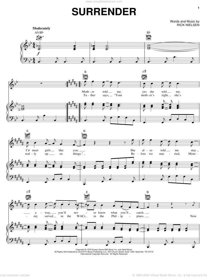 Surrender sheet music for voice, piano or guitar by Cheap Trick and Rick Nielsen, intermediate skill level