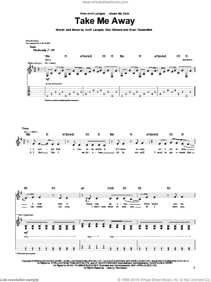 Take Me Away sheet music for guitar (tablature) by Avril Lavigne, Don Gilmore and Evan Taubenfeld, intermediate skill level