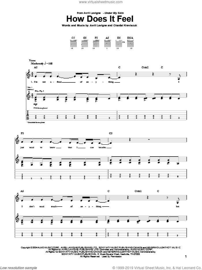 How Does It Feel sheet music for guitar (tablature) by Avril Lavigne and Chantal Kreviazuk, intermediate skill level