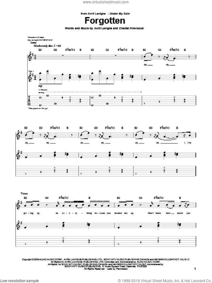 Forgotten sheet music for guitar (tablature) by Avril Lavigne and Chantal Kreviazuk, intermediate skill level