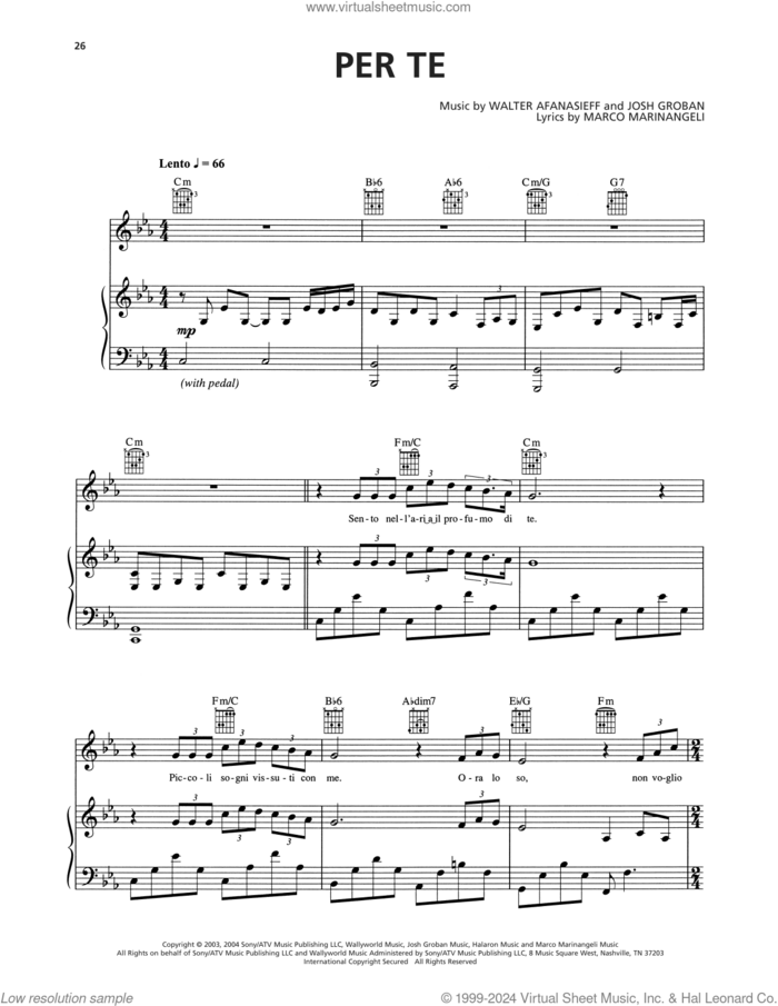 Per Te sheet music for voice, piano or guitar by Josh Groban, Marco Marinangeli and Walter Afanasieff, intermediate skill level