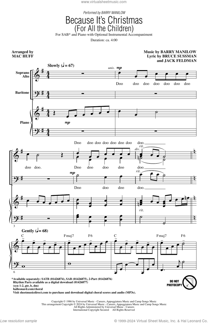 Because It's Christmas (For All the Children) (arr. Mac Huff) sheet music for choir (SAB: soprano, alto, bass) by Barry Manilow, Mac Huff, Bruce Sussman and Jack Feldman, intermediate skill level