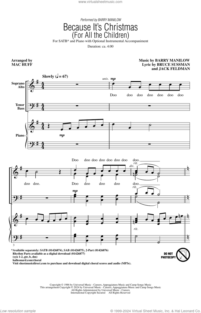 Because It's Christmas (For All the Children) (arr. Mac Huff) sheet music for choir (SATB: soprano, alto, tenor, bass) by Barry Manilow, Mac Huff, Bruce Sussman and Jack Feldman, intermediate skill level