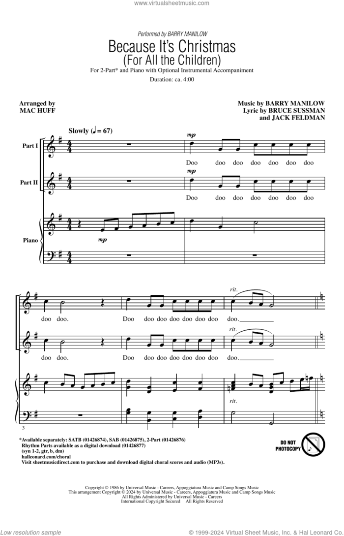 Because It's Christmas (For All the Children) (arr. Mac Huff) sheet music for choir (2-Part) by Barry Manilow, Mac Huff, Bruce Sussman and Jack Feldman, intermediate duet