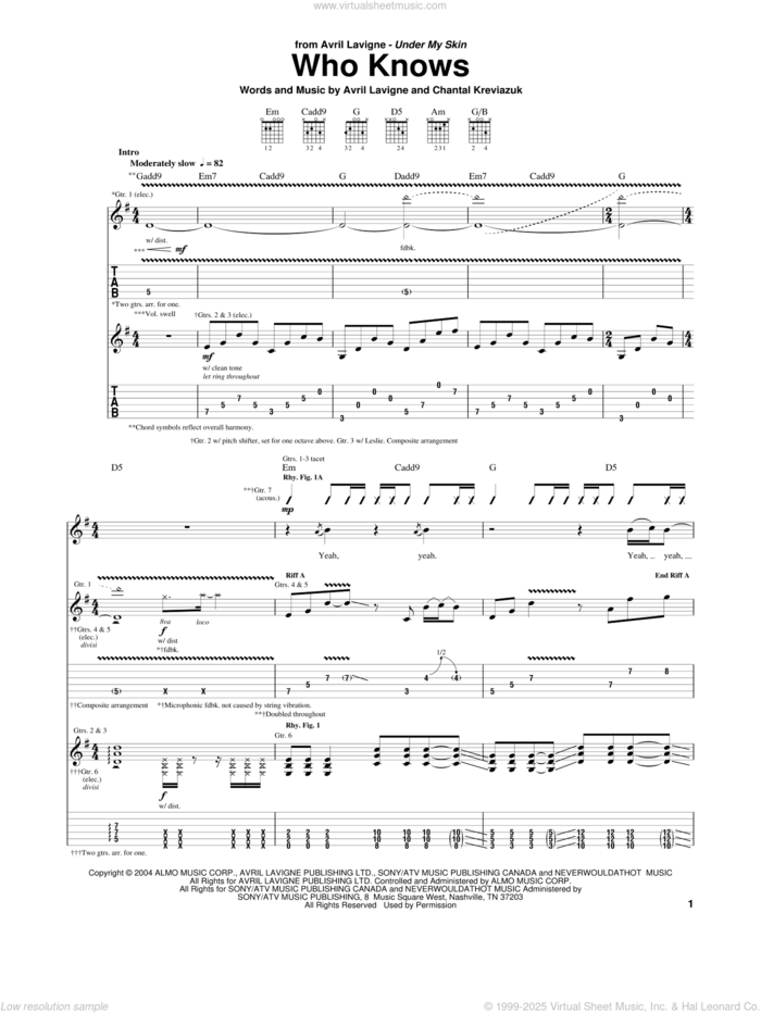 Who Knows sheet music for guitar (tablature) by Avril Lavigne and Chantal Kreviazuk, intermediate skill level