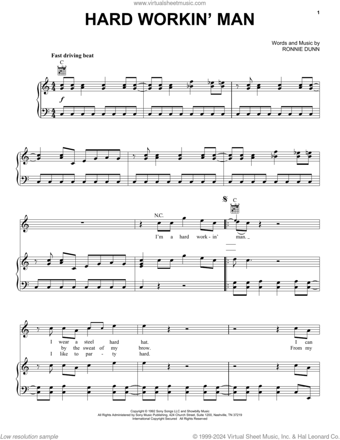 Hard Workin' Man sheet music for voice, piano or guitar by Brooks & Dunn and Ronnie Dunn, intermediate skill level