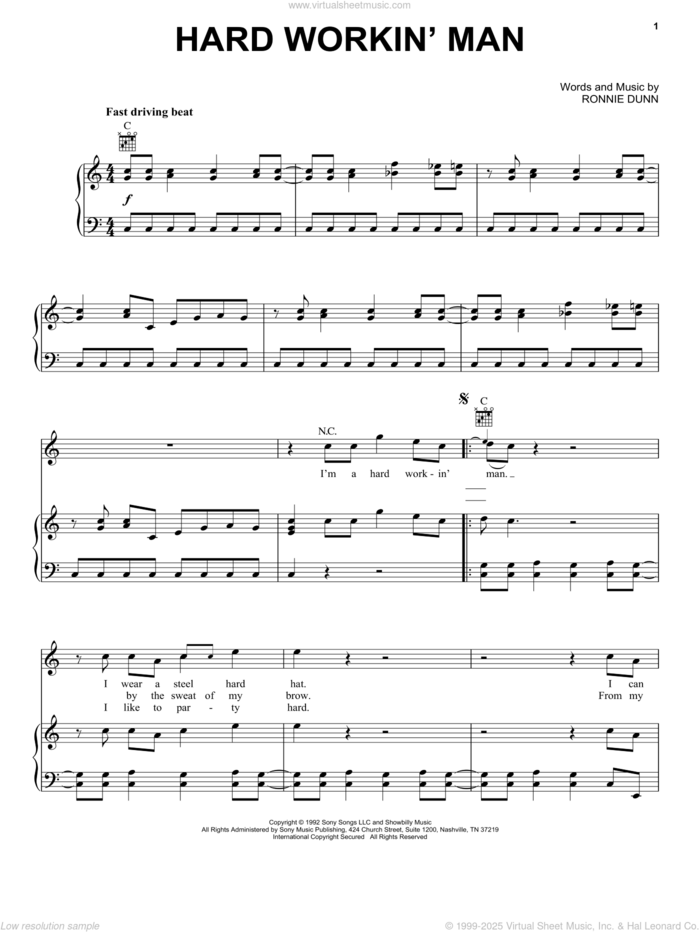 Hard Workin' Man sheet music for voice, piano or guitar by Brooks & Dunn and Ronnie Dunn, intermediate skill level