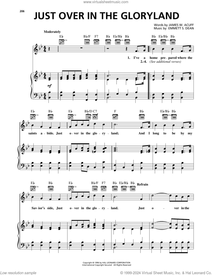 Just Over In The Gloryland sheet music for voice, piano or guitar by James W. Acuff and Emmett S. Dean, intermediate skill level