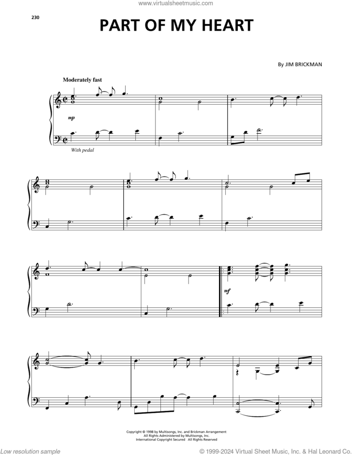 Part Of My Heart sheet music for piano solo by Jim Brickman, wedding score, intermediate skill level