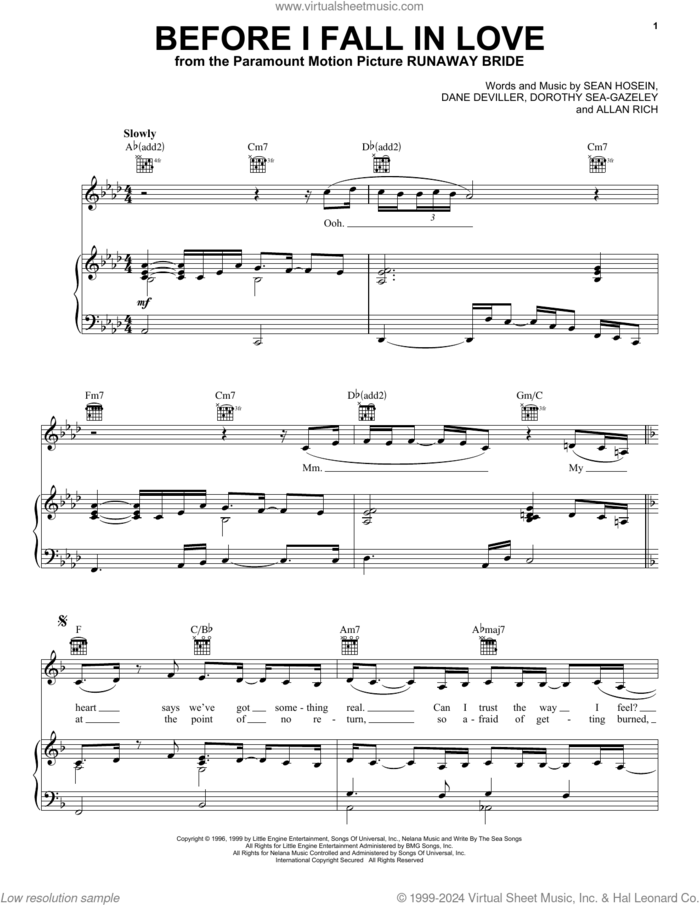 Before I Fall In Love sheet music for voice, piano or guitar by Coco Lee, Allan Rich, Dane Deviller, Dorothy Sea-Gazeley and Sean Hosein, intermediate skill level