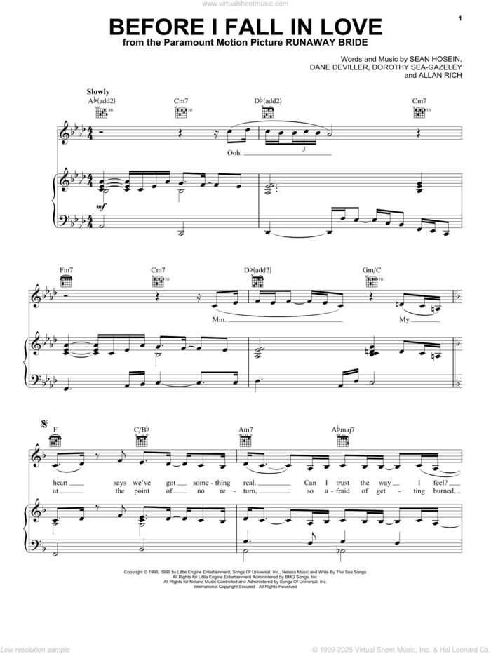 Before I Fall In Love sheet music for voice, piano or guitar by Coco Lee, Allan Rich, Dane Deviller, Dorothy Sea-Gazeley and Sean Hosein, intermediate skill level