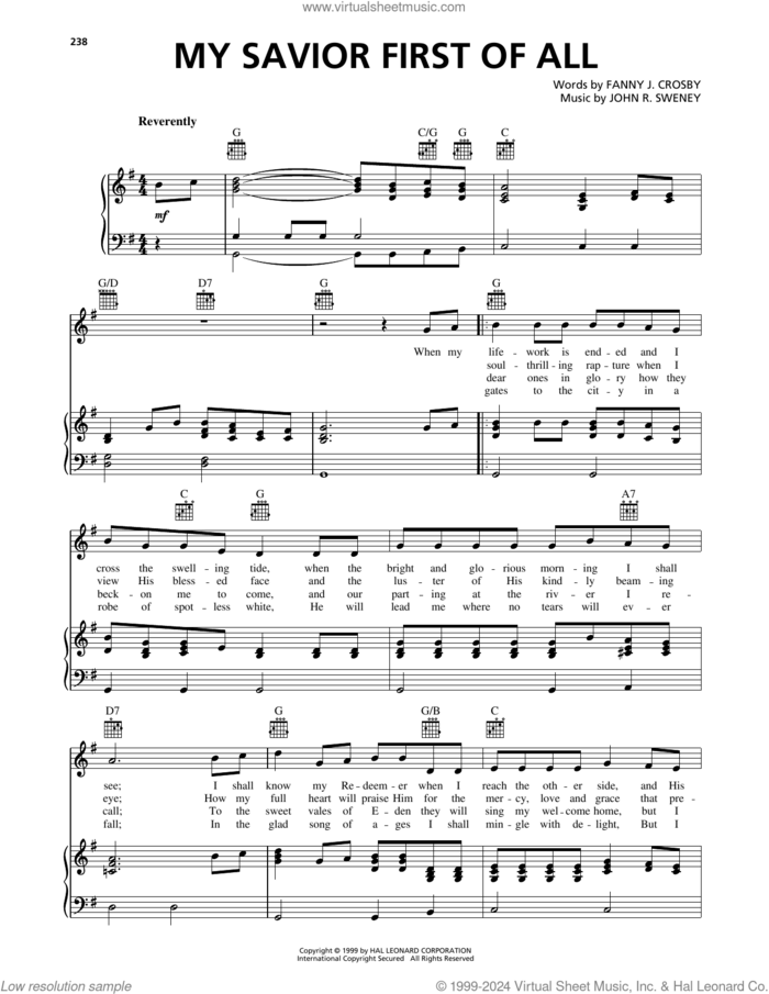 My Savior First Of All sheet music for voice, piano or guitar by Fanny J. Crosby and John R. Sweney, intermediate skill level