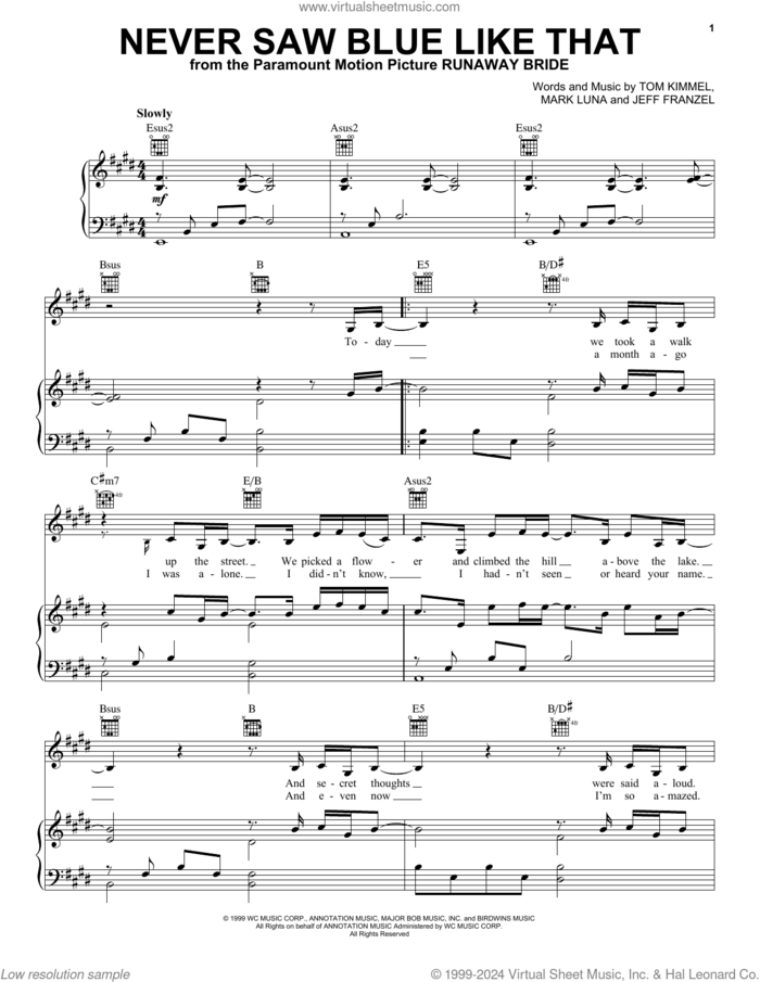 Never Saw Blue Like That sheet music for voice, piano or guitar by Shawn Colvin, Jeff Franzel, Mark Luna and Tom Kimmel, intermediate skill level