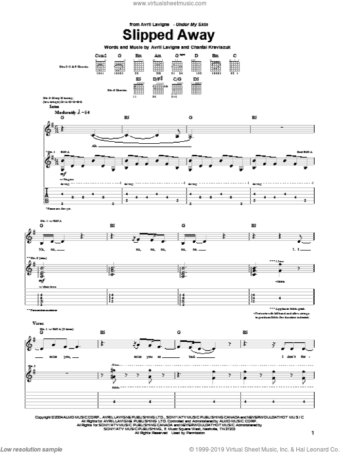 Slipped Away sheet music for guitar (tablature) by Avril Lavigne and Chantal Kreviazuk, intermediate skill level