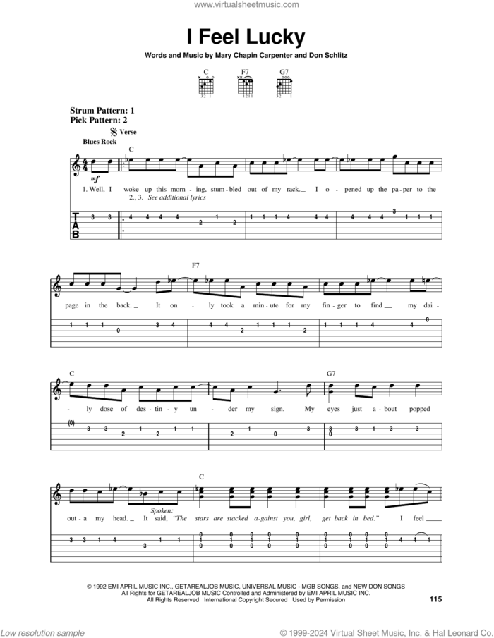 I Feel Lucky sheet music for guitar solo (easy tablature) by Mary Chapin Carpenter and Don Schlitz, easy guitar (easy tablature)