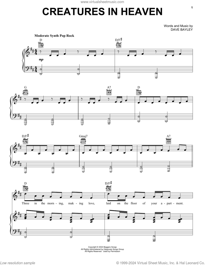 Creatures In Heaven sheet music for voice, piano or guitar by Glass Animals and Dave Bayley, intermediate skill level
