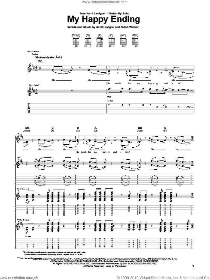 My Happy Ending sheet music for guitar (tablature) by Avril Lavigne and Butch Walker, intermediate skill level