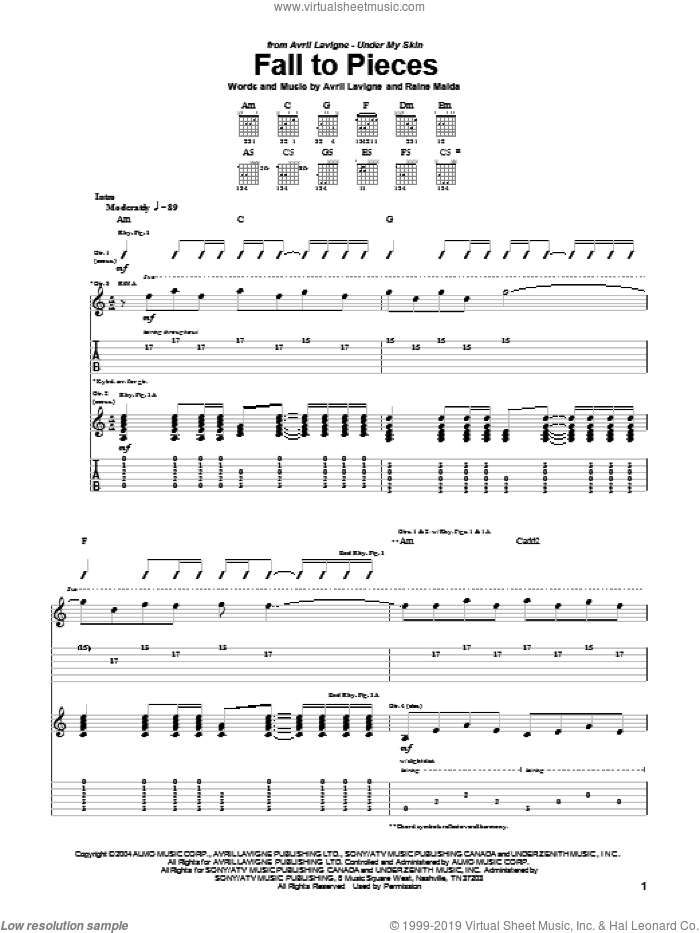 Fall To Pieces sheet music for guitar (tablature) by Avril Lavigne and Raine Maida, intermediate skill level