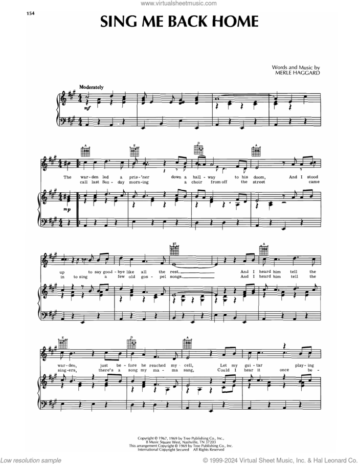 Sing Me Back Home sheet music for voice, piano or guitar by Merle Haggard, intermediate skill level