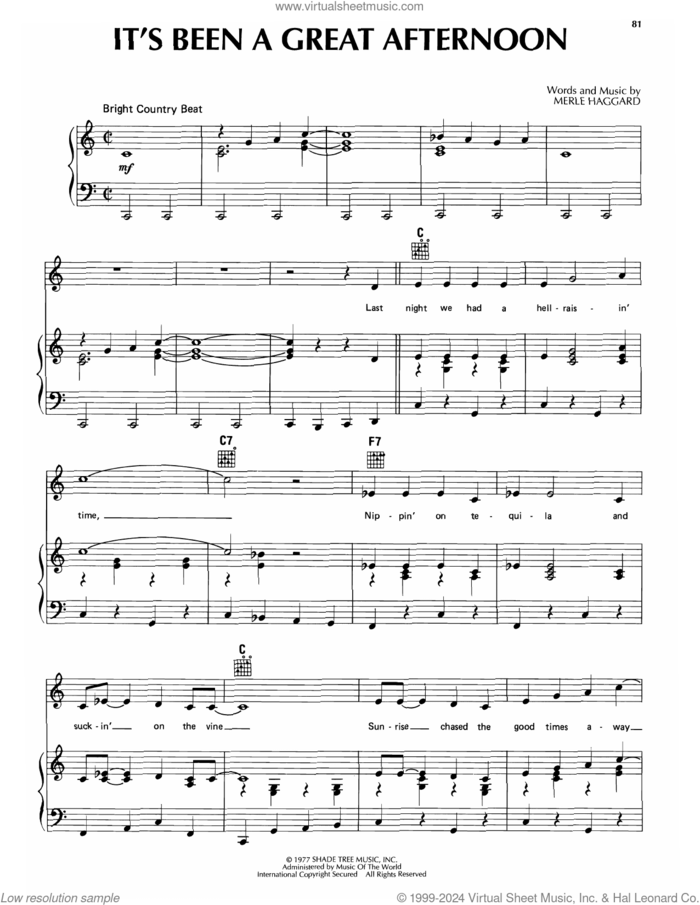It's Been A Great Afternoon sheet music for voice, piano or guitar by Merle Haggard, intermediate skill level