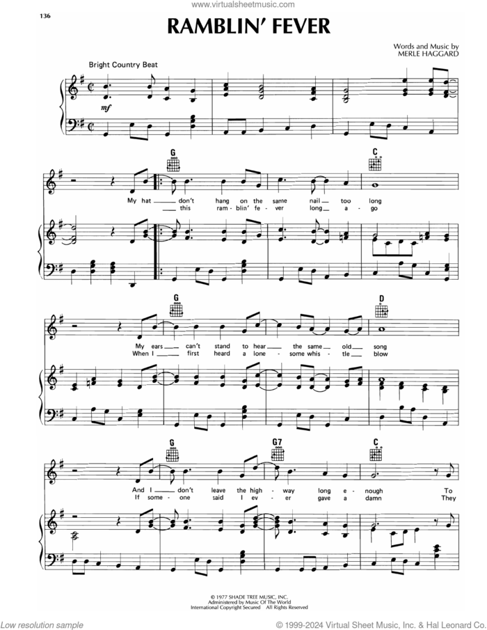 Ramblin' Fever sheet music for voice, piano or guitar by Merle Haggard, intermediate skill level