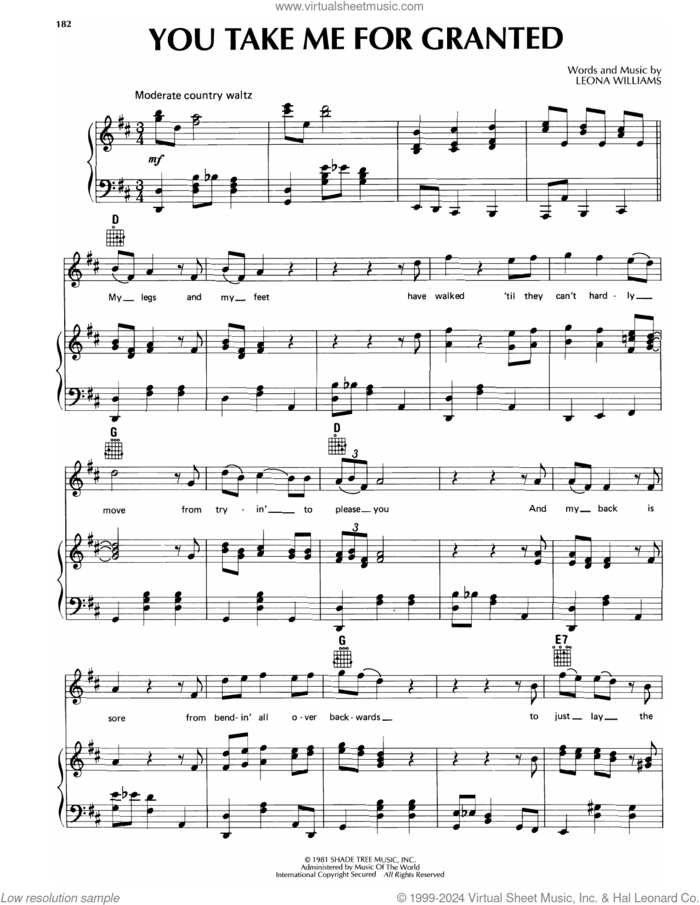You Take Me For Granted sheet music for voice, piano or guitar by Merle Haggard and Leona Williams, intermediate skill level