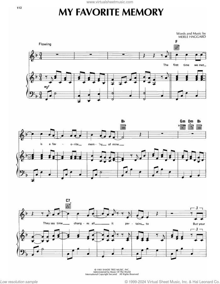 My Favorite Memory sheet music for voice, piano or guitar by Merle Haggard, intermediate skill level