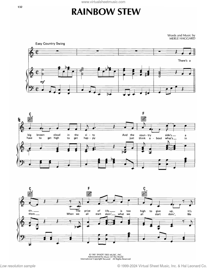 Rainbow Stew sheet music for voice, piano or guitar by Merle Haggard, intermediate skill level