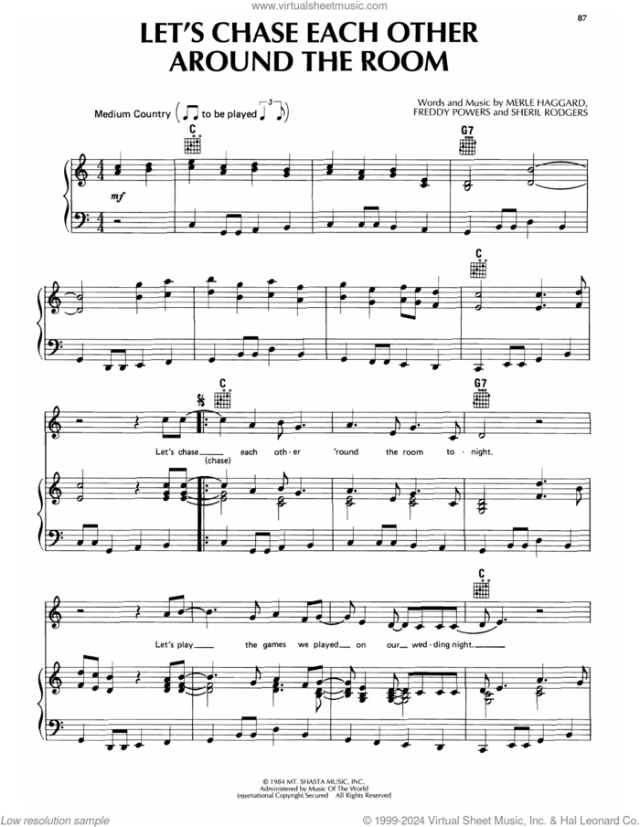 Let's Chase Each Other Around The Room sheet music for voice, piano or guitar by Merle Haggard, Freddy Powers and Sheril Rodgers, intermediate skill level