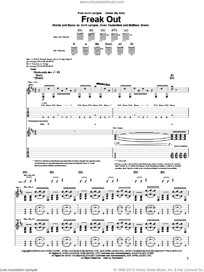 Freak Out sheet music for guitar (tablature) by Avril Lavigne, Evan Taubenfeld and Matthew Brann, intermediate skill level