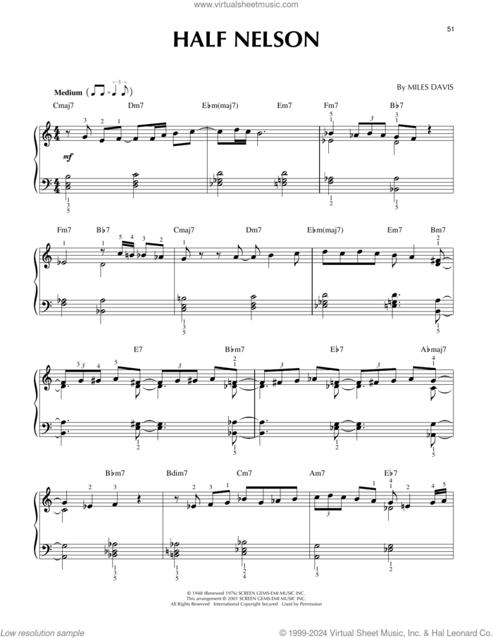 Half Nelson sheet music for piano solo by Miles Davis, intermediate skill level