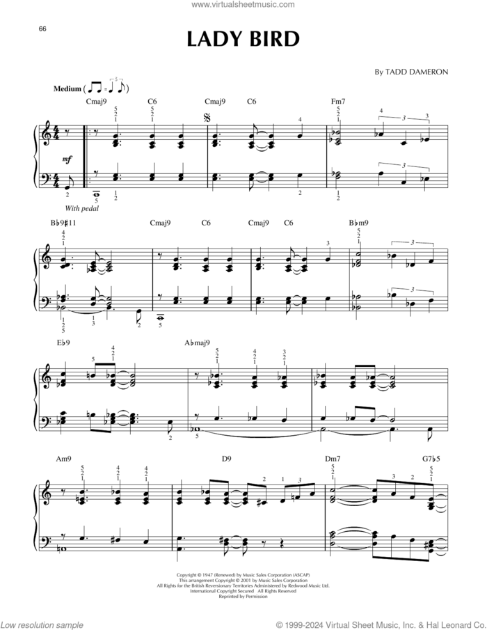 Lady Bird sheet music for piano solo by Miles Davis and Tadd Dameron, intermediate skill level