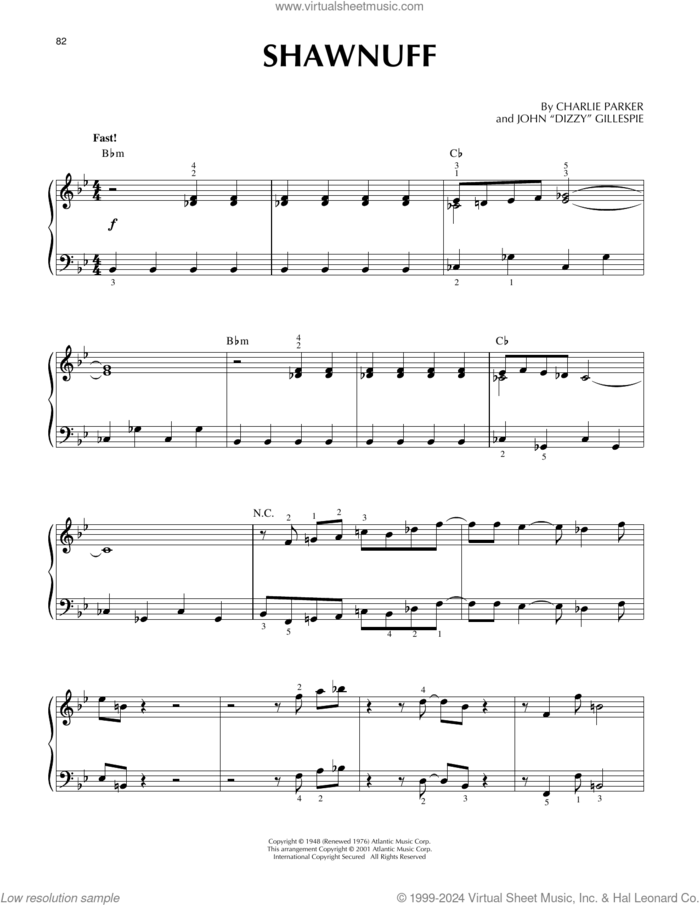 Shawnuff sheet music for piano solo by Charlie Parker and Dizzy Gillespie, intermediate skill level