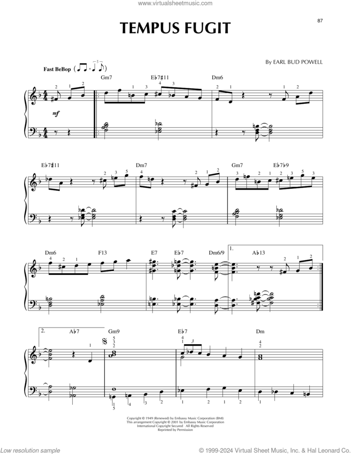 Tempus Fugit sheet music for piano solo by Stan Getz and Bud Powell, intermediate skill level