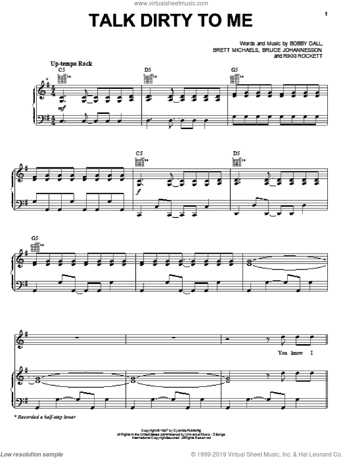 Talk Dirty To Me sheet music for voice and other instruments (fake book) by Poison, Bobby Dall, Brett Michaels, Bruce Anthony Johannesson and Rikki Rockett, intermediate skill level